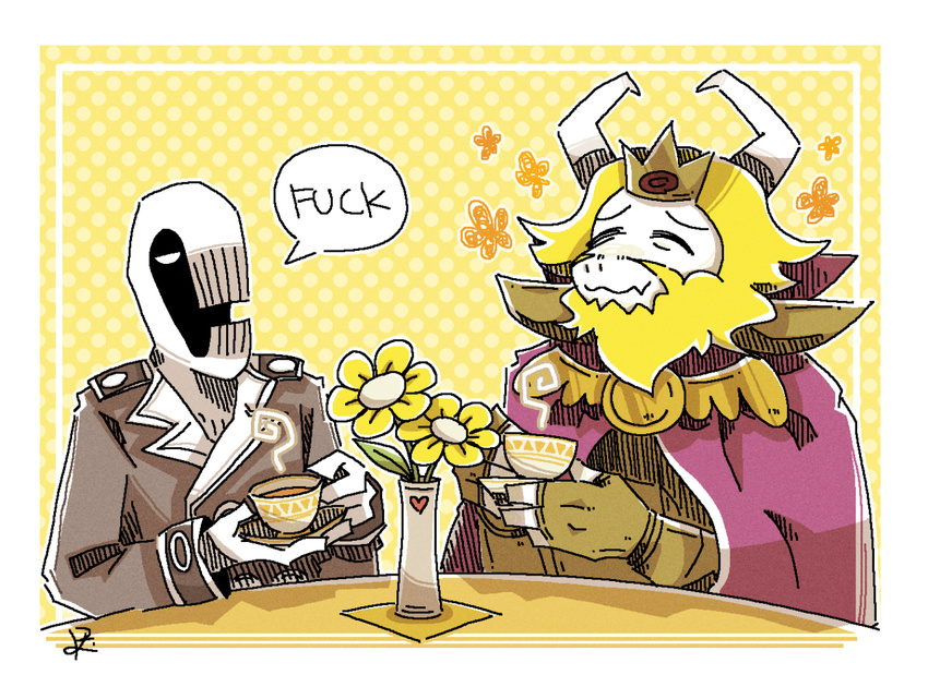 adsnk anthro asgore_dreemurr beard better_version_at_source beverage boss_monster_(undertale) bovid cape caprine closed_eyes clothed clothing coat container crown cup dedan_(off) duo english_text facial_hair flower fully_clothed furniture half-closed_eyes headgear holding_container holding_cup holding_object horn humanoid male mammal monster monstrous_humanoid narrowed_eyes off_(game) pale_skin plant plate profanity simple_background table tea tea_cup tea_party teeth text topwear trenchcoat undertale undertale_(series)