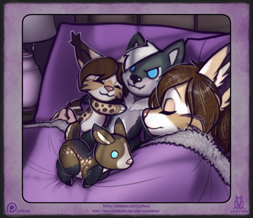 anthro bed canid canine canis deer felid feline female furniture happy hi_res lichfang lynx mammal new_world_deer night nightdancer_(character) parfait_(nightdancer) peaceful plushie sleeping white-tailed_deer wolf zaire_(nightdancer)