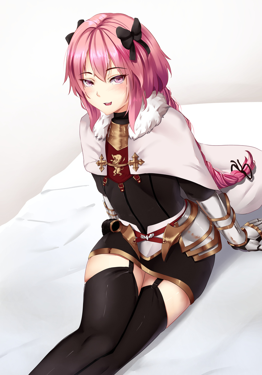 1boy absurdres arm_support astolfo_(fate) bed belt black_bow black_ribbon black_shirt black_skirt black_thighhighs blush bow braid cape coat_of_arms commentary_request fate/apocrypha fate_(series) garter_straps gauntlets hair_ribbon hairbow heraldry highres long_braid long_hair looking_at_viewer male_focus mengo miniskirt on_bed otoko_no_ko pencil_skirt pink_hair purple_eyes ribbon shirt single_braid sitting skirt thighhighs thighs zettai_ryouiki