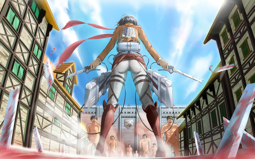 areolae ass black_hair blood boots broken cloud female highres house mikasa_ackerman scarf shingeki_no_kyojin short_hair solo standing sword three-dimensional_maneuver_gear titan wall weapon