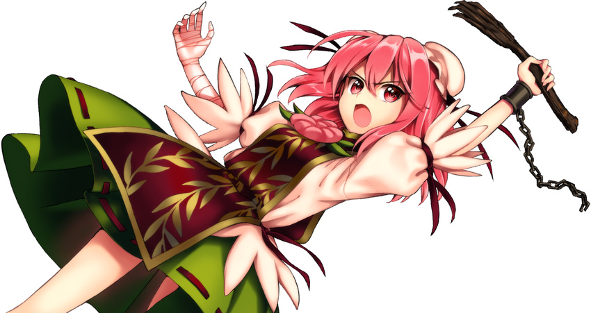 :o ahoge bandaged_arm bandages bun_cover chains china_dress chinese_clothes cuffs double_bun dress female flower full_body hair_bun harukawa_moe ibaraki_kasen leaf leaf_print long_hair monkey_paw official_art pink_eyes pink_flower pink_hair pink_rose puffy_sleeves rose severed_hand shoes tabard the_monkey's_paw touhou transparent_background urban_legend_in_limbo v-shaped_eyebrows