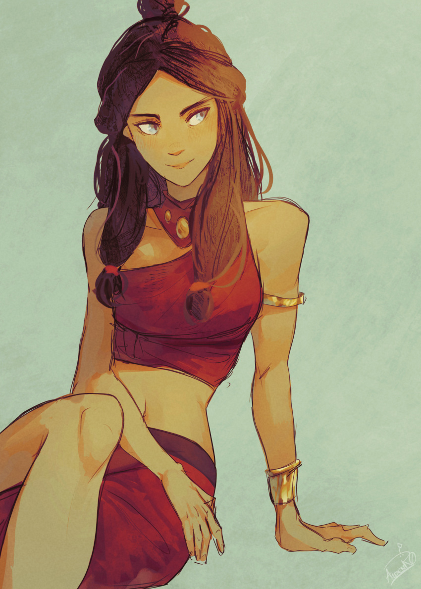 absurdres armlet avatar:_the_last_airbender avatar_legends blue_eyes bracelet brown_hair cropped_shirt crossed_legs dark-skinned_female dark_skin female green_background highres jewelry katara leaning_to_the_side looking_to_the_side midriff navel official_alternate_costume parted_bangs pink_lips red_shirt red_skirt shirt signature sitting skirt sleeveless sleeveless_shirt smile solo spindle_(aidenr0)