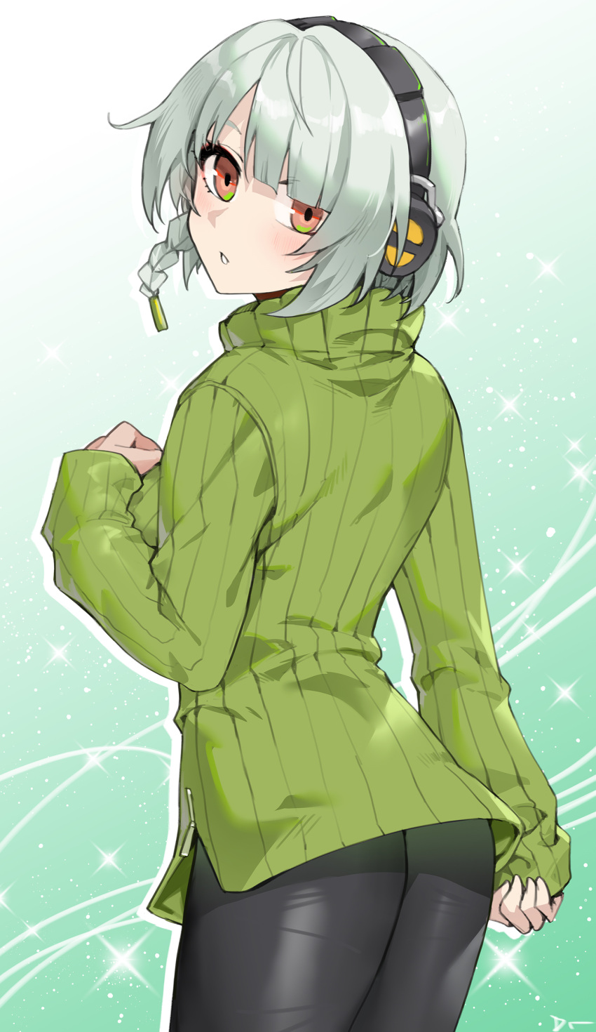 absurdres anby_demara ass black_pantyhose commentary_request female green_sweater headphones highres linreplica long_sleeves looking_back orange_eyes pantyhose ribbed_sweater short_hair solo sparkle sweater turtleneck turtleneck_sweater zenless_zone_zero