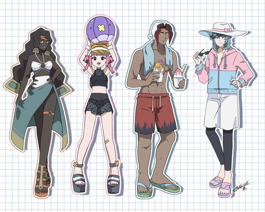 2boys 2girls 99akt1031 abs absurdres alternate_costume arms_up bikini black_leggings chalce_(pokemon) character_print coral_(pokemon) dark-skinned_female dark_skin drifblim drinking_straw food grid_background hand_on_own_hip hat highres holding hood hood_down knees leggings long_hair male_swimwear multiple_boys multiple_girls pink_hair platform_footwear pokemon pokemon_(anime) pokemon_horizons sarong scrunchie shaved_ice short_twintails shorts sidian_(pokemon) spinel_(pokemon) swim_trunks swimsuit toes towel towel_around_neck twintails visor_cap white_bikini white_hat white_shorts wrist_scrunchie