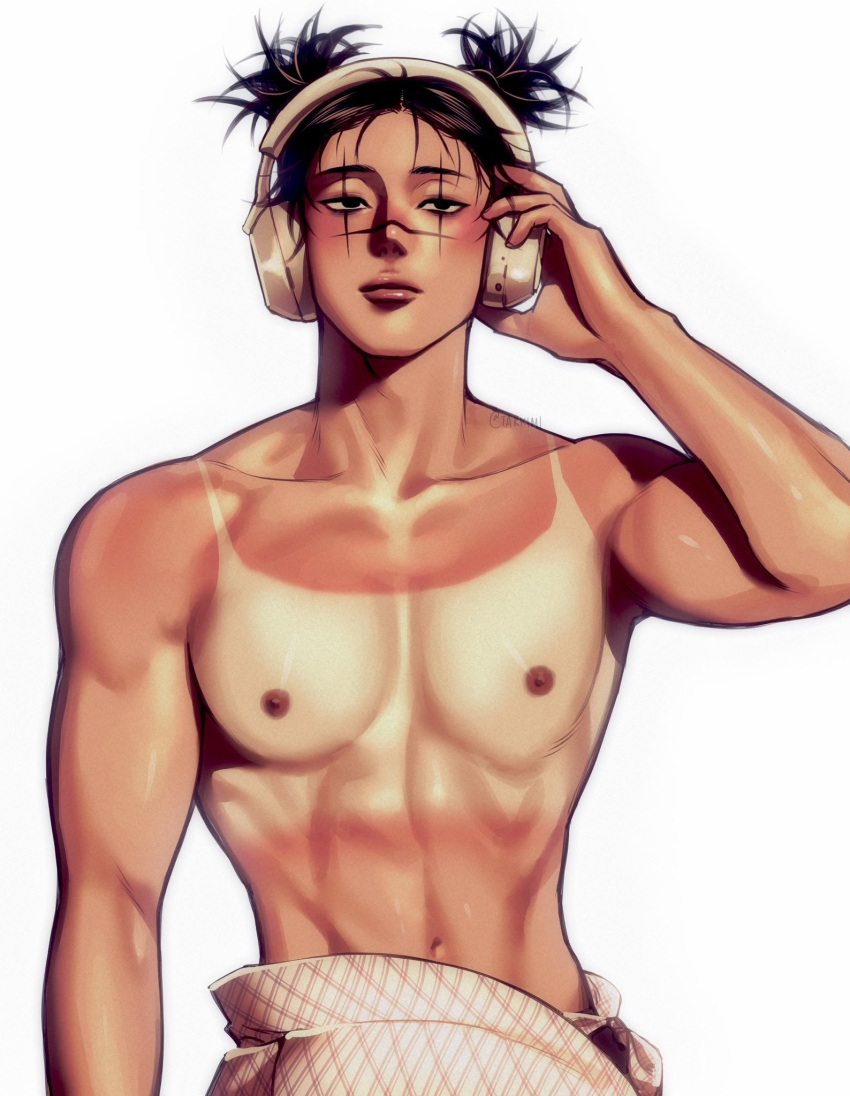 1boy abs bags_under_eyes black_hair choso_(jujutsu_kaisen) closed_mouth facial_mark headphones highres jujutsu_kaisen looking_at_viewer male_focus navel nipples short_hair simple_background solo takk1mi toned toned_male topless_male twintails white_background