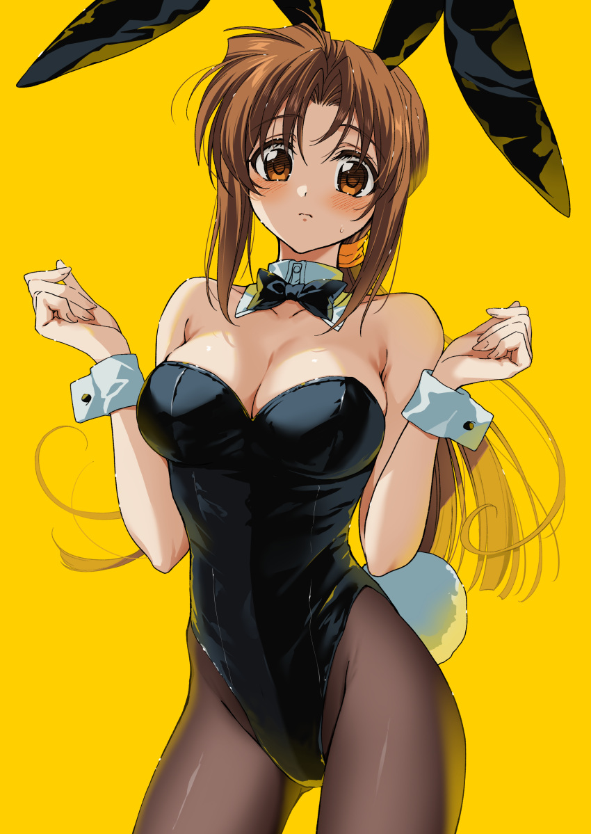 absurdres animal_ears black_leotard black_pantyhose bow bowtie breasts brown_eyes brown_hair chie_(golden_boy) cleavage detached_collar fake_animal_ears female golden_boy highres leotard long_hair low_ponytail medium_breasts nikyuppa pantyhose playboy_bunny rabbit_ears rabbit_tail solo tail w_arms wrist_cuffs yellow_background