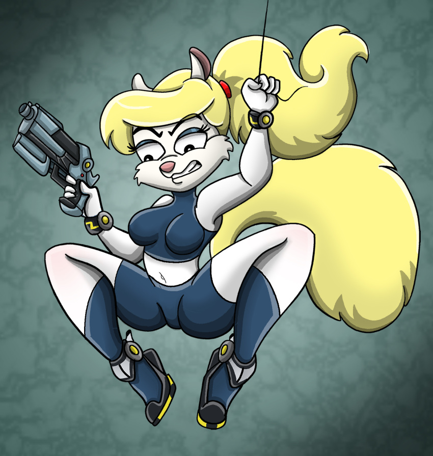 animaniacs anthro bad_trigger_discipline blonde_hair clenched_teeth clothing female fur gun hair handgun hi_res holding_gun holding_handgun holding_object holding_pistol holding_ranged_weapon holding_weapon mammal metroid minerva_mink mink mustelid musteline navel nintendo pistol ponytail ranged_weapon samus_aran shinragod solo spread_legs spreading suspension teeth true_musteline warner_brothers weapon white_body white_fur