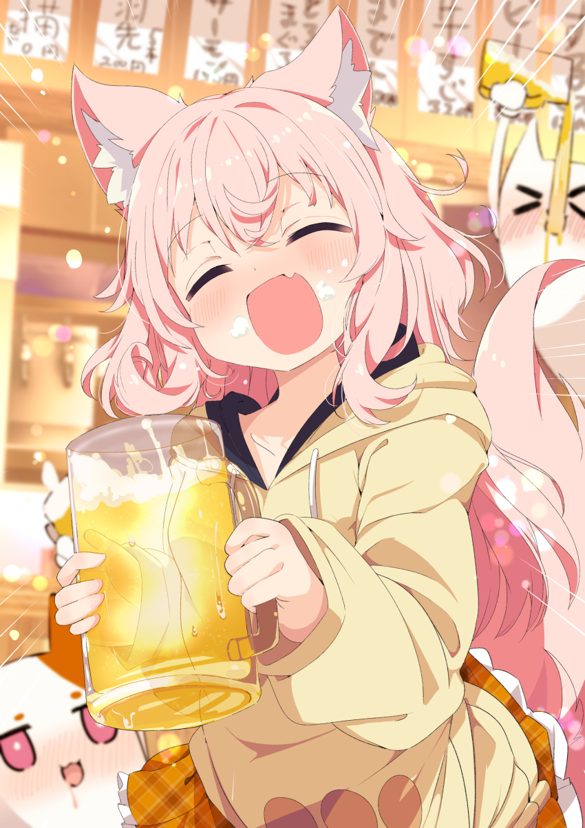 2others absurdres alcohol animal_ears beer beer_mug blurry blurry_background blush closed_eyes commission cup drunk female foam fox_ears fox_girl fox_tail frilled_skirt frills highres hood hooded_jacket jacket mug multiple_others open_mouth original pink_hair plaid_clothes plaid_skirt pleated_skirt shiro9jira skeb_commission skirt solo_focus tail yellow_jacket yellow_skirt