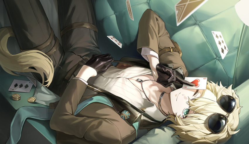 1boy absurdres ace_(playing_card) ace_of_hearts animal_ears arknights black_gloves black_pants blonde_hair brown_jacket card commentary couch dog_boy dog_ears dog_tail eyewear_on_head feet_out_of_frame five_of_spades gloves green_eyes green_necktie half_gloves heart highres holding holding_card ja_ma_0 jacket jewelry looking_at_viewer lying male_focus necklace necktie on_back one_eye_closed pants playing_card shirt short_hair six_of_clubs smile solo sunglasses tail tequila_(arknights) tequila_(cardwinner)_(arknights) thigh_strap three_of_clubs undone_necktie white_shirt