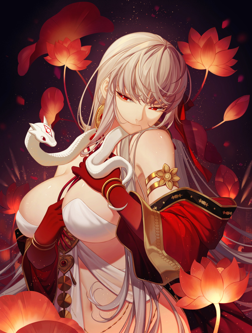 absurdres armlet bare_shoulders bracelet breasts cleavage colored_skin durga_(fate) earrings erchongbaojun fate/grand_order fate_(series) female grey_hair hair_in_own_mouth hair_ribbon highres indian_clothes jewelry large_breasts long_hair lotus_print pelvic_curtain red_eyes red_skin revealing_clothes ribbon snake solo white_snake