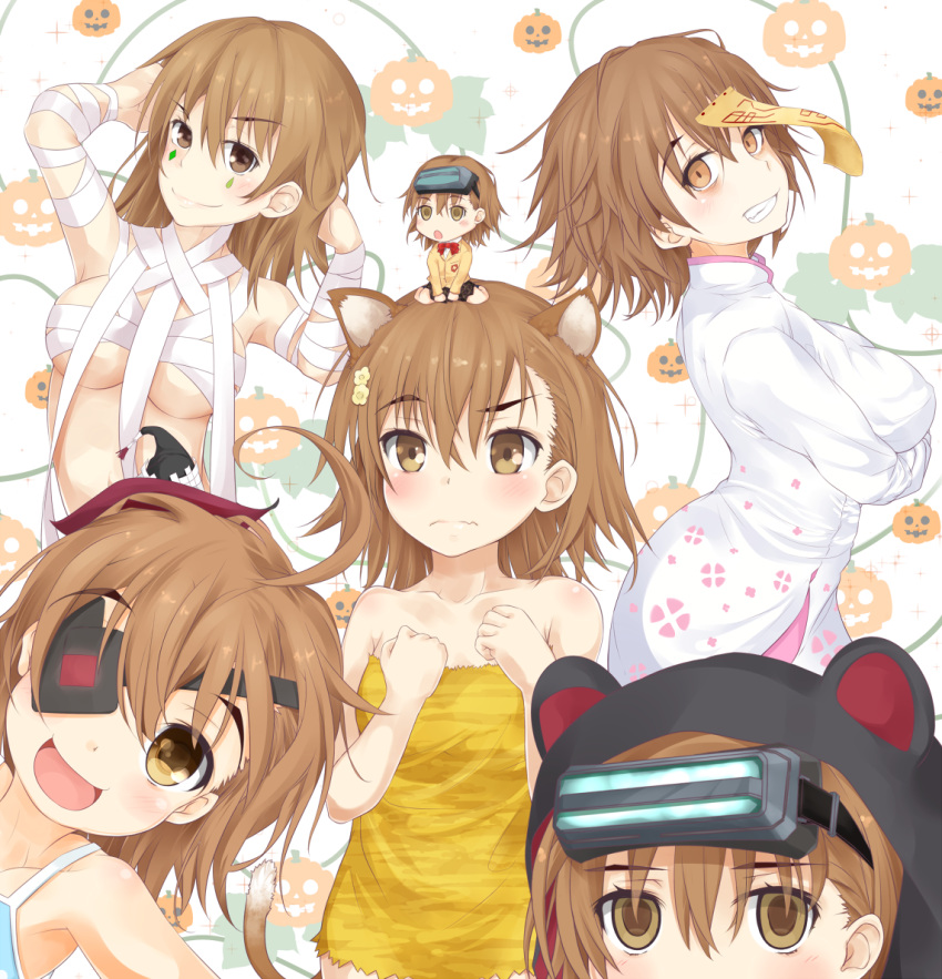 6+girls age_difference animal_ear_hood animal_ears arm_under_breasts bandages bare_arms bare_shoulders black_hood blazer blue_dress blush bow bowtie breasts brown_hair brown_sweater cat_ears cat_girl cat_tail chibi closed_mouth commentary_request cosplay dress empty_eyes expressionless eyepatch facial_mark flower goggles goggles_on_head grin hair_between_eyes hair_flower hair_ornament halloween hands_up happy hat hood jacket kanou_shinka kanou_shinka_(cosplay) kemonomimi_mode large_breasts lolicon long_bangs long_sleeves looking_at_viewer medium_bangs medium_breasts medium_hair mini_hat mini_person minigirl miniskirt misaka_imouto misaka_mikoto misaka_misuzu misaka_worst mother_and_daughter multiple_girls mummy_costume naked_bandage nephtys nephtys_(cosplay) night_vision_device open_mouth othinus othinus_(cosplay) pleated_skirt pumpkin_background red_bow red_bowtie school_uniform shin_(highest1192) siblings sisters skirt sleeveless sleeveless_dress smile sweater tail teardrop_facial_mark teeth toaru_majutsu_no_index toaru_majutsu_no_index:_new_testament tokiwadai_school_uniform vietnamese_dress white_dress winter_uniform witch_hat