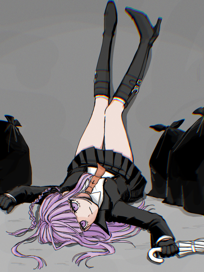 black_footwear black_gloves black_jacket black_ribbon black_skirt boots braid brown_necktie collared_shirt danganronpa:_trigger_happy_havoc danganronpa_(series) female gloves hair_ribbon high_heel_boots high_heels highres holding holding_umbrella jacket kirigiri_kyoko long_hair long_sleeves looking_at_viewer miniskirt necktie open_clothes open_jacket pink_eyes pink_hair pleated_skirt raamensusure ribbon shirt side_braid skirt solo trash_bag umbrella upside-down white_shirt