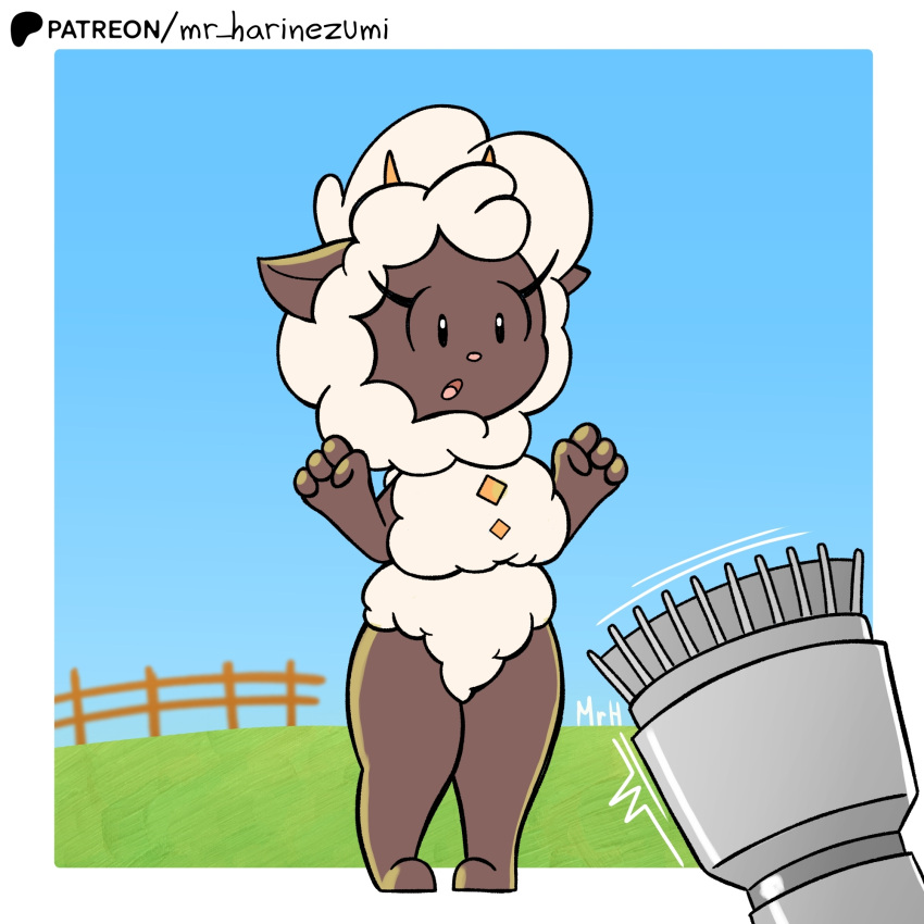 anthro bovid caprine clothed clothing domestic_sheep el_senor_erizo eyelashes female fur hi_res horn lamball mammal open_mouth pal_(species) palworld pocketpair shearing sheep solo surprised_expression thick_thighs wool_(fur)