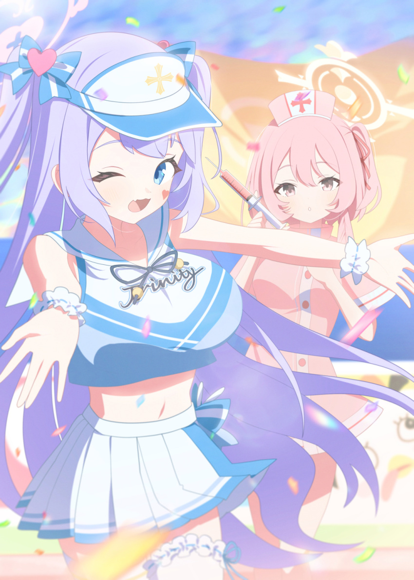 2girls blue_archive blue_eyes breasts cheering cheerleader dress hair_between_eyes halo hanae_(blue_archive) hanae_(cheer_squad)_(blue_archive) hat highres holding holding_syringe kaerunrun large_breasts long_hair looking_at_viewer medium_breasts medium_hair multiple_girls nurse_cap oerba_yun_fang official_alternate_costume one_eye_closed open_mouth parted_lips pink_dress pink_eyes pink_hair pink_halo pink_hat pleated_skirt purple_hair sailor_collar serina_(blue_archive) serina_(nurse)_(blue_archive) short_sleeves skin_fang skirt smile syringe twintails white_sailor_collar white_skirt wrist_cuffs yellow_halo