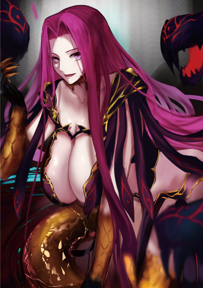 absurdres bare_shoulders breasts bustier claws cleavage collarbone fate/grand_order fate_(series) female forehead gorgon_(fate) highres jikihatiman large_breasts long_hair looking_at_viewer medusa_(fate) monster_girl open_mouth parted_bangs purple_eyes purple_hair scales sidelocks smile snake_hair snake_tail solo tail very_long_hair