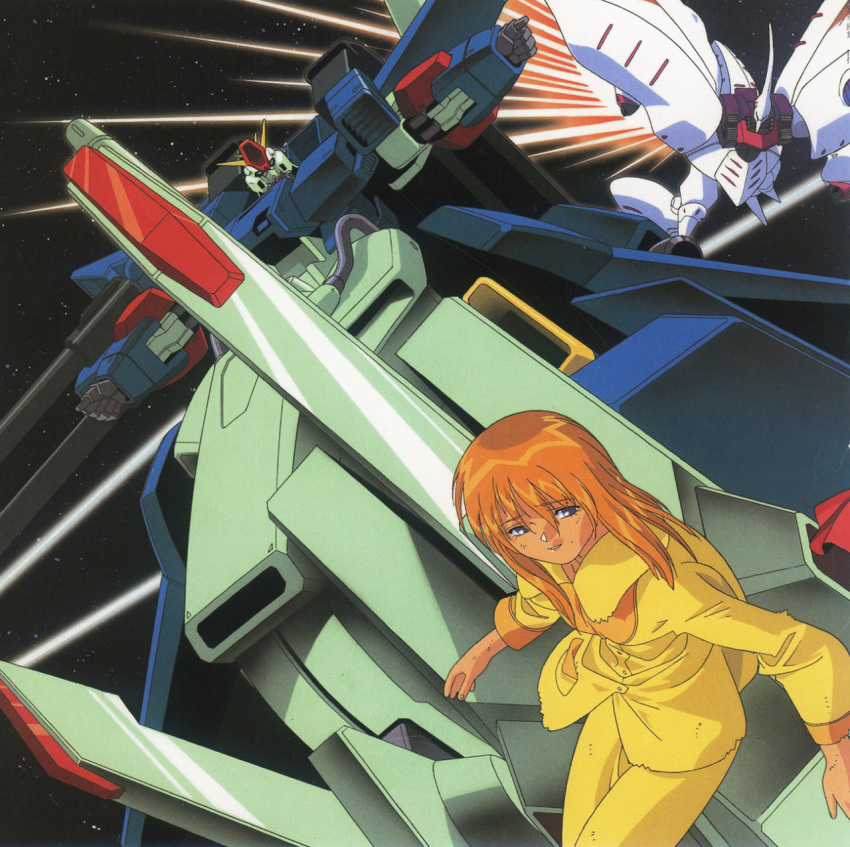 1990s_(style) battle cover dvd_cover elpeo_puru energy energy_beam english_commentary female gundam gundam_zz highres key_visual kitazume_hiroyuki machinery mecha mobile_suit official_art orange_hair pajamas promotional_art qubeley retro_artstyle robot scan science_fiction spoilers traditional_media zz_gundam