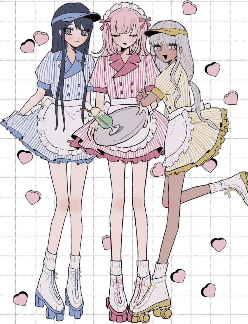 3girls alternate_costume black_hair blue_dress blush buttons danganronpa:_trigger_happy_havoc danganronpa_(series) danganronpa_2:_goodbye_despair danganronpa_v3:_killing_harmony dark-skinned_female dark_skin double-breasted dress drooling frilled_dress frills full_body grey_hair heart highres long_hair maid_headdress maizono_sayaka medium_hair multiple_girls nanami_chiaki pink_hair puffy_short_sleeves puffy_sleeves raamensusure roller_skates shoes short_sleeves simple_background skates sleeping smile socks striped_clothes striped_dress waitress white_background white_socks yellow_dress yonaga_angie