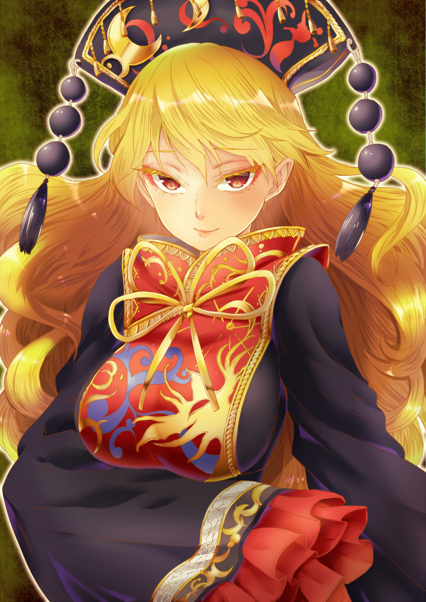 blonde_hair breasts chikado chinese_clothes closed_mouth collaboration colored_eyelashes colorized female green_background highres junko_(touhou) large_breasts long_sleeves micmic2 phoenix_crown red_eyes red_tabard ribbon sleeves_past_fingers sleeves_past_wrists solo tabard tassel touhou yellow_ribbon