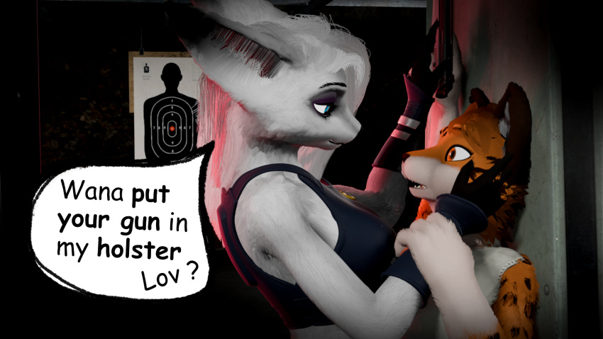 anthro blender_eevee canid canine clothed clothing duo felid female fur gun hi_res leopard looking_at_another looking_at_partner male male/female mammal mysteryboy18 pantherine ranged_weapon shooting_range speech_bubble text weapon white_body white_fur