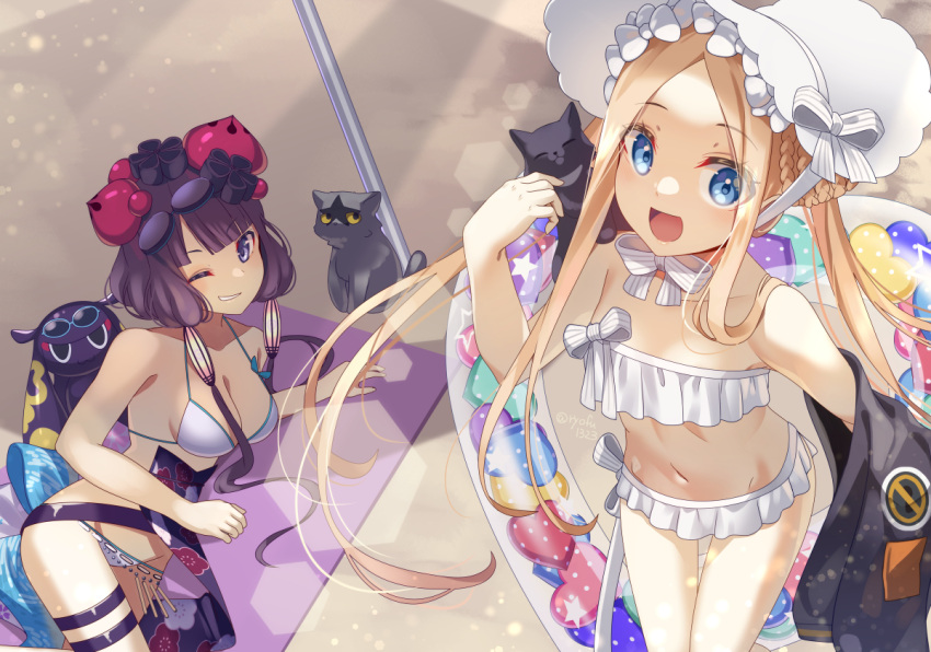 2girls abigail_williams_(fate) abigail_williams_(swimsuit_foreigner)_(fate) abigail_williams_(swimsuit_foreigner)_(third_ascension)_(fate) bare_shoulders beach beach_mat belt bikini black_cat black_jacket blonde_hair blue_eyes blush bonnet bow breasts cleavage collarbone fate/grand_order fate_(series) feline forehead goggles goggles_on_head grin hair_ornament hairbow innertube jacket katsushika_hokusai_(fate) katsushika_hokusai_(swimsuit_saber)_(fate) long_hair looking_at_viewer medium_breasts miniskirt multiple_girls navel obi octopus one_eye_closed open_mouth parted_bangs purple_hair ryofuhiko sash sidelocks skirt small_breasts smile swim_ring swimsuit thigh_strap thighs tokitarou_(fate) twintails very_long_hair white_bikini white_bow