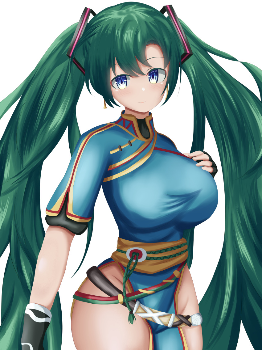 absurdres alternate_breast_size belt blue_dress blue_eyes dress female fingerless_gloves fire_emblem fire_emblem:_the_blazing_blade gloves green_hair hand_on_own_chest hatsune_miku highres jewelry lyn_(fire_emblem) rufus solo twintails vocaloid white_background