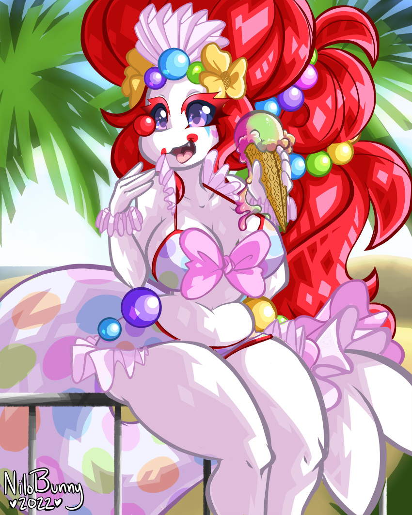 absurd_res anthro bikini breasts clothing clown clown_nose dessert female food generation_7_pokemon hair hamsteroftime hi_res ice_cream nintendo pokemon pokemon_(species) primarina red_hair solo swimwear two-piece_swimsuit white_body white_skin