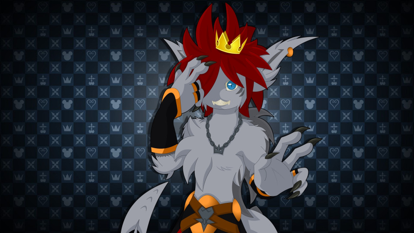 alternative_fashion anthro clothing cooler crown deishun_(species) ear_piercing ear_ring ears_up fluffy fluffy_hair fur gloves grey_body grey_fur hair handwear headgear hi_res jewelry kingdom_hearts kingdom_hearts_3 male monster monster_sora_(character) necklace piercing red_hair ring ring_piercing smile smiling_at_viewer solo sora_(kingdom_hearts) square_enix zarjhan_mary