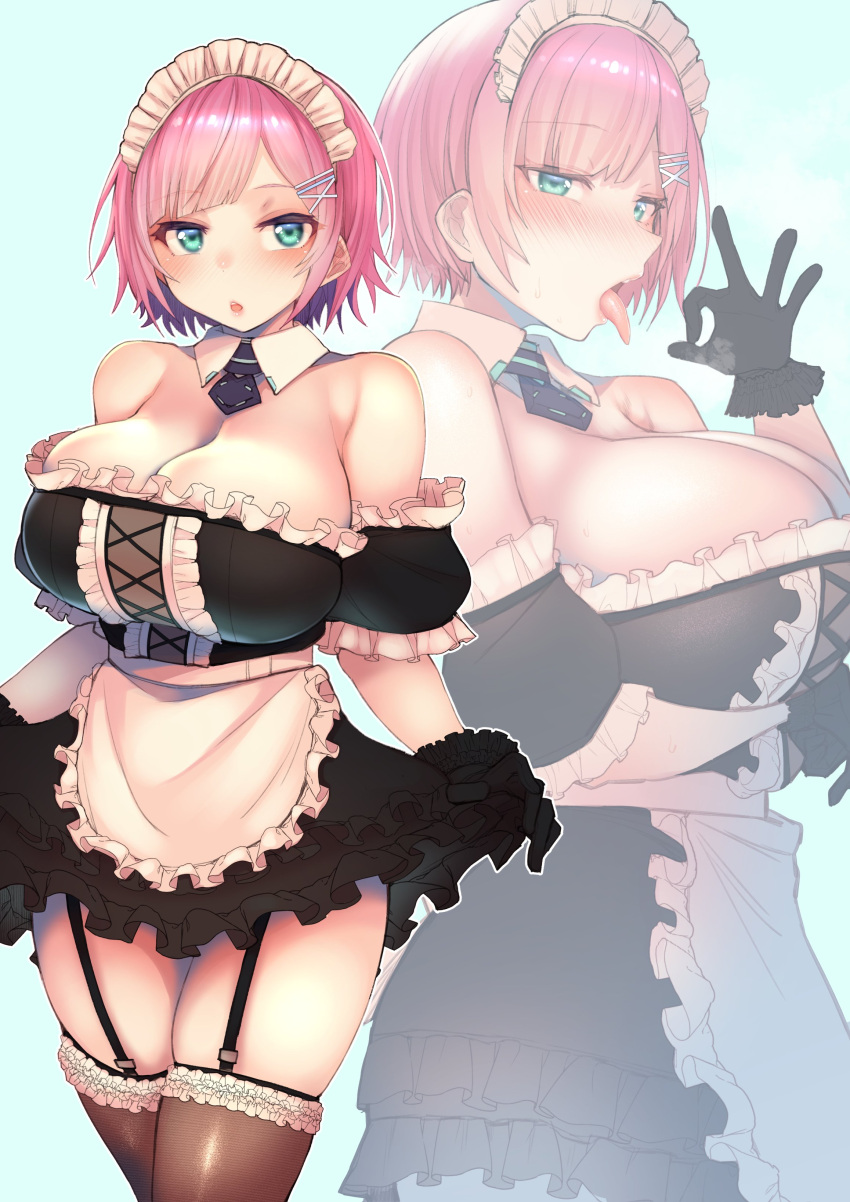 absurdres apron bare_shoulders black_gloves breasts detached_collar detached_sleeves fellatio_gesture female frilled_apron frills garter_straps gloves green_eyes hair_ornament hairclip highres kagami_uekusa large_breasts maid maid_apron maid_headdress necktie nijisanji pink_hair short_hair short_necktie skirt solo thighhighs tongue tongue_out virtual_youtuber white_apron yuuhi_riri