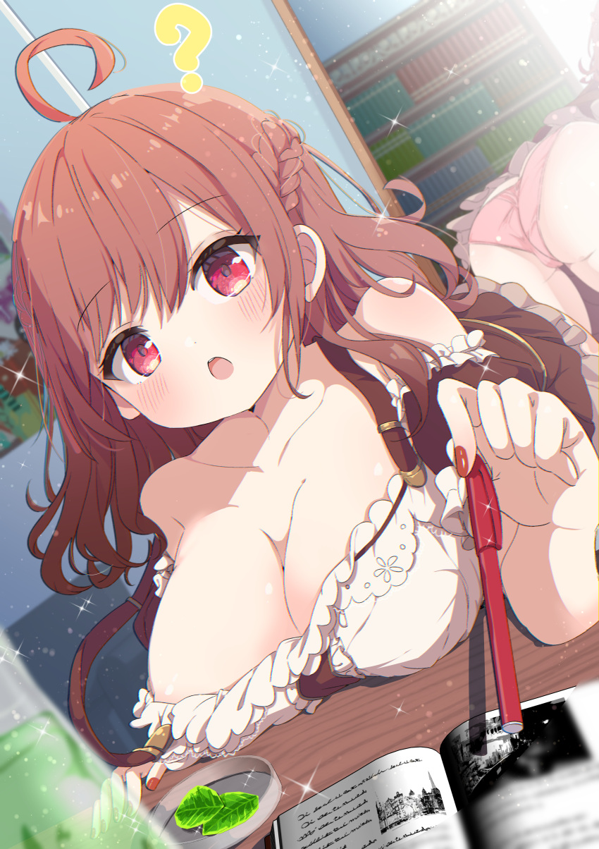 ? absurdres ass bare_shoulders book breast_rest breasts brown_hair brown_skirt cleavage commission female frilled_skirt frills glass highres holding holding_pen large_breasts mirror nail_polish off-shoulder_shirt off_shoulder open_mouth original panties pen pink_panties red_eyes reflection shiro9jira shirt skeb_commission skirt solo strap_slip underwear