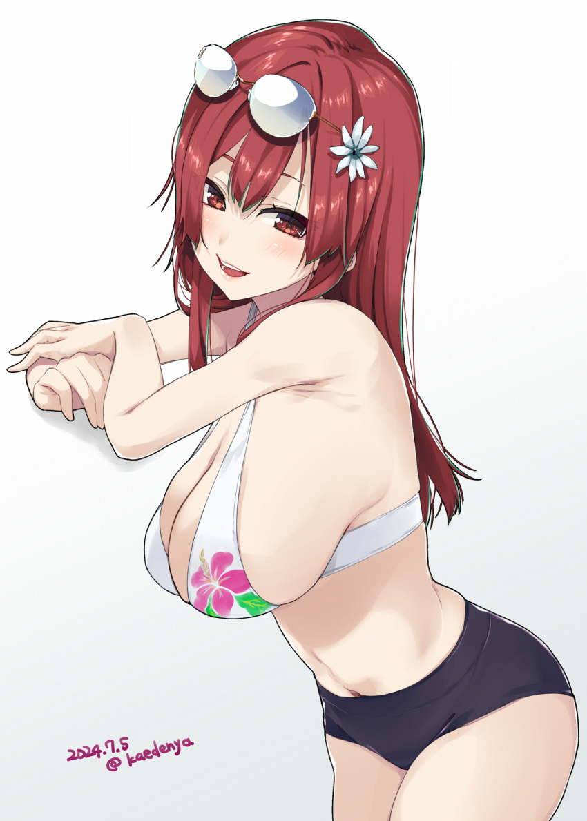 22/7 artist_name bikini breasts cleavage cowboy_shot dated eyewear_on_head female floral_print_bikini flower from_side hair_flower hair_ornament half-closed_eyes highres kisairo_kaede long_hair looking_at_viewer open_mouth red_eyes red_hair sato_reika simple_background smile solo swimsuit white_background white_flower