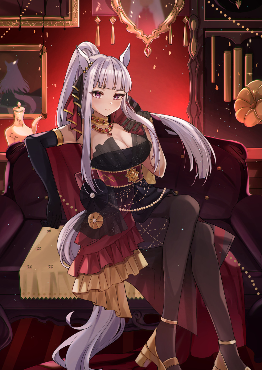 absurdres animal_ears asymmetrical_gloves ballroom_gown black_dress black_gloves blunt_ends breasts chinese_commentary cleavage commentary couch crossed_legs dress ear_ornament elbow_gloves female gem gloves gold_footwear gold_ship_(la_mode_564)_(umamusume) gold_ship_(umamusume) gown grey_hair high_heels highres horse_ears horse_girl horse_tail jewelry long_hair looking_at_viewer lounging mejiro_mcqueen_(umamusume) mirror necklace official_alternate_costume official_alternate_hairstyle original phonograph ponytail portrait_(object) purple_eyes red_gemstone roppongi_(fmcn7578) single_elbow_glove sleeveless sleeveless_dress solo tail umamusume uneven_gloves vase