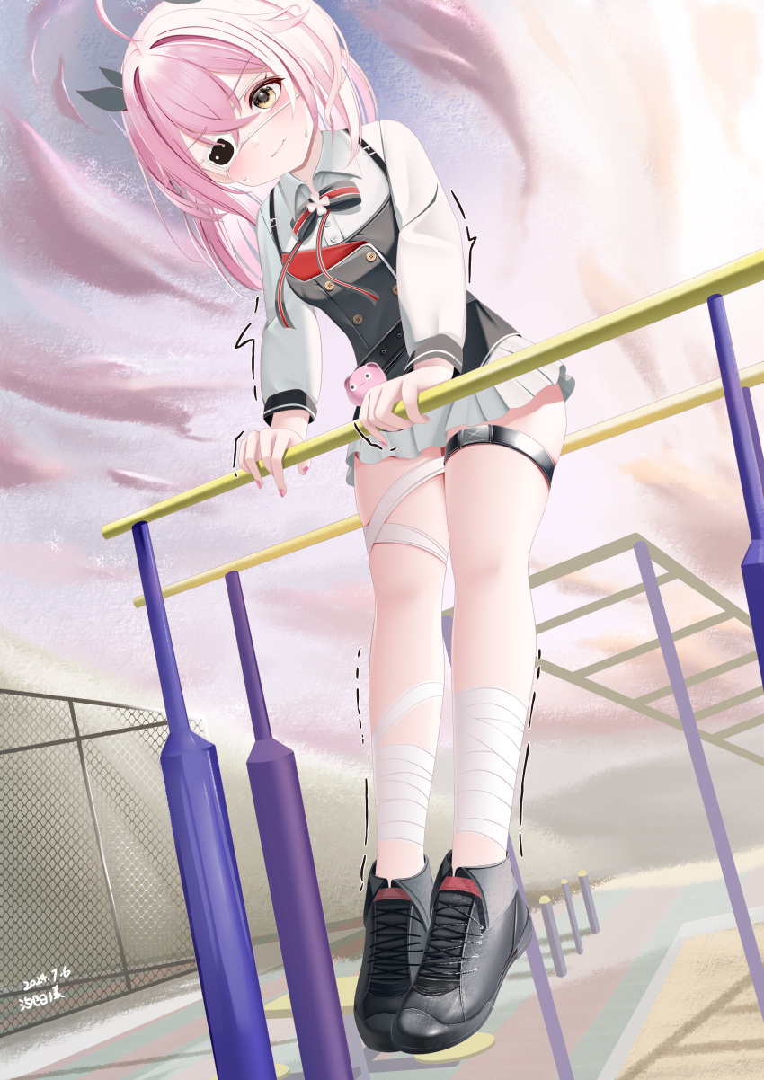 absurdres azur_lane bandaged_leg bandages blush buttons chuunibyou collared_shirt commentary_request day double-breasted dress exercising eyepatch female from_below hair_between_eyes highres hip_focus horizontal_bar legs long_hair looking_at_viewer looking_down miniskirt outdoors pink_hair playground pleated_skirt shirt short_dress skindentation skirt solo thigh_strap thighs trembling wavy_mouth white_shirt white_skirt xi_yang_yang yellow_eyes z43_(azur_lane)