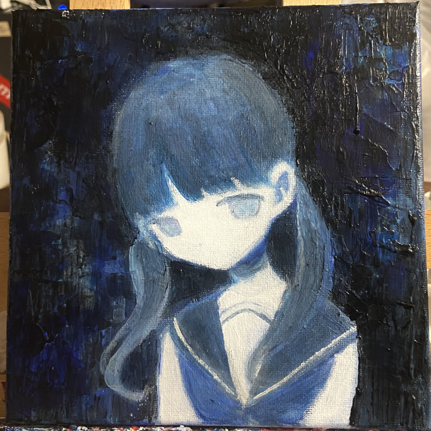 absurdres acrylic_paint_(medium) blue_theme blunt_bangs canvas_(medium) commentary_request expressionless female highres long_hair looking_at_viewer low_twintails monochrome neckerchief no_mouth no_nose noroi_(rnatataki) original painting_(medium) photo_(medium) portrait sailor_collar school_uniform simple_background solo traditional_media twintails