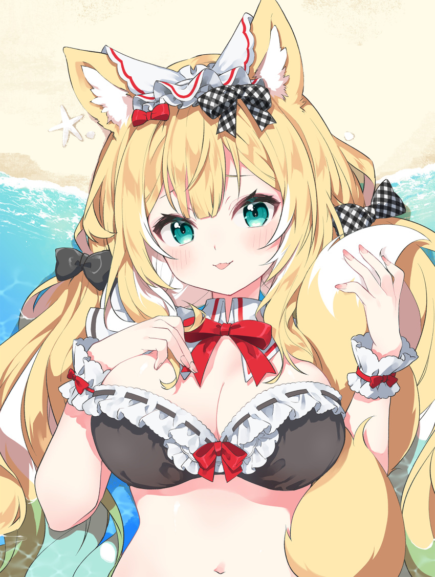 animal_ear_fluff animal_ears beach bikini black_bikini blonde_hair bow bowtie colored_inner_hair commentary detached_collar double-parted_bangs female fingernails fox_ears fox_girl fox_tail frilled_bikini frills fuwafuwa-chan_(kamiyoshi_rika) green_eyes hairbow hand_on_own_chest highres holding_own_tail kamiyoshi_rika long_hair looking_at_viewer low_twintails multicolored_hair navel original plaid_bow red_bow red_bowtie smile solo swimsuit tail tongue tongue_out twintails upper_body very_long_hair wavy_hair wristband