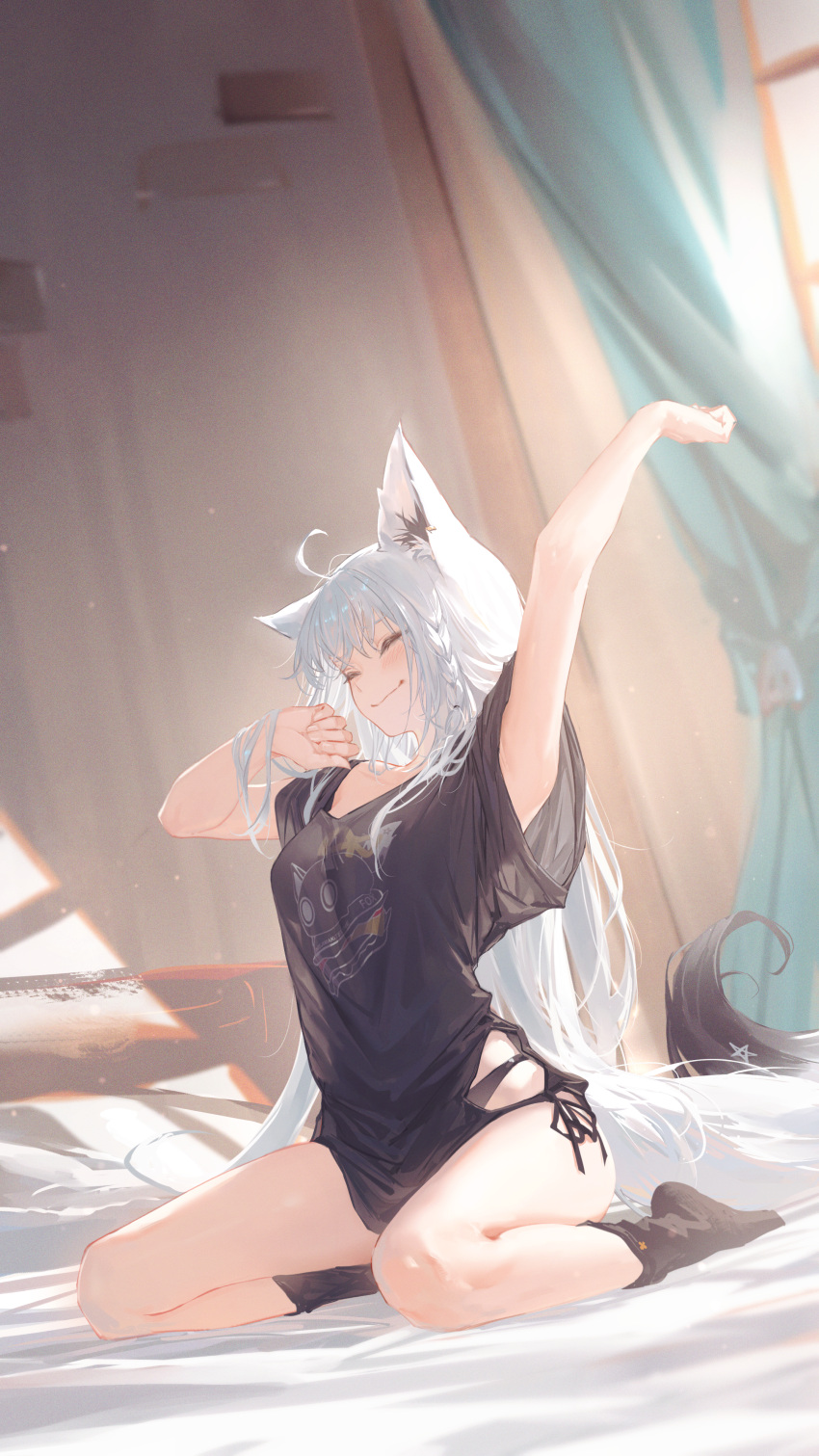 absurdres ahoge animal_ear_fluff animal_ear_piercing animal_ears arm_up black_panties black_shirt black_shorts braid breasts cleavage closed_eyes closed_mouth commentary curtains day female fox_ears fox_girl fox_tail full_body grey_hair hand_up highres hip_vent hololive hyde_(tabakko) indoors long_hair no_pants official_alternate_costume on_bed oversized_clothes oversized_shirt panties panty_peek pentagram pillow print_shirt see-through see-through_cleavage shirakami_fubuki shirakami_fubuki_(loungewear) shirt shorts side-tie_shirt side_braid sidelocks sitting solo stretching t-shirt tail underwear very_long_hair virtual_youtuber wariza white_hair