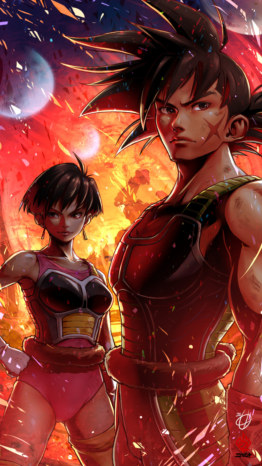 1boy absurdres bardock black_eyes black_hair black_leggings brown_eyes brown_hair brown_tail cinders commentary_request cowboy_shot cross_scar dragon_ball dragon_ball_z earrings female fire gloves hand_on_own_hip highres jewelry kanchiyo leggings leotard looking_to_the_side muscular muscular_male pink_leotard planet red_wristband saiyan saiyan_armor scar scar_on_face seripa short_hair signature silhouette single_thighhigh sleeveless spiked_hair tail tail_around_waist thighhighs white_gloves yellow_thighhighs