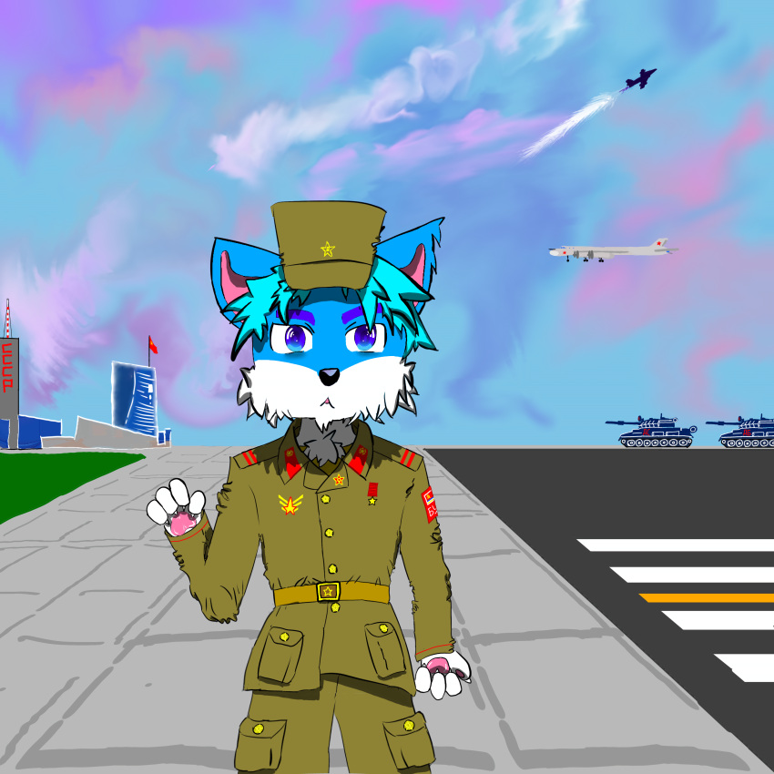 absurd_res aircraft airplane animal_humanoid army blue_eyes blue_hair bomber bujianjun canid canid_humanoid canine canine_humanoid canis cccp clothed clothing field fighter_plane fur hair hat headgear headwear hi_res humanoid male mammal mammal_humanoid medal qikeran russian sky solo soviet_union tank vehicle white_body white_fur wolf wolf_humanoid