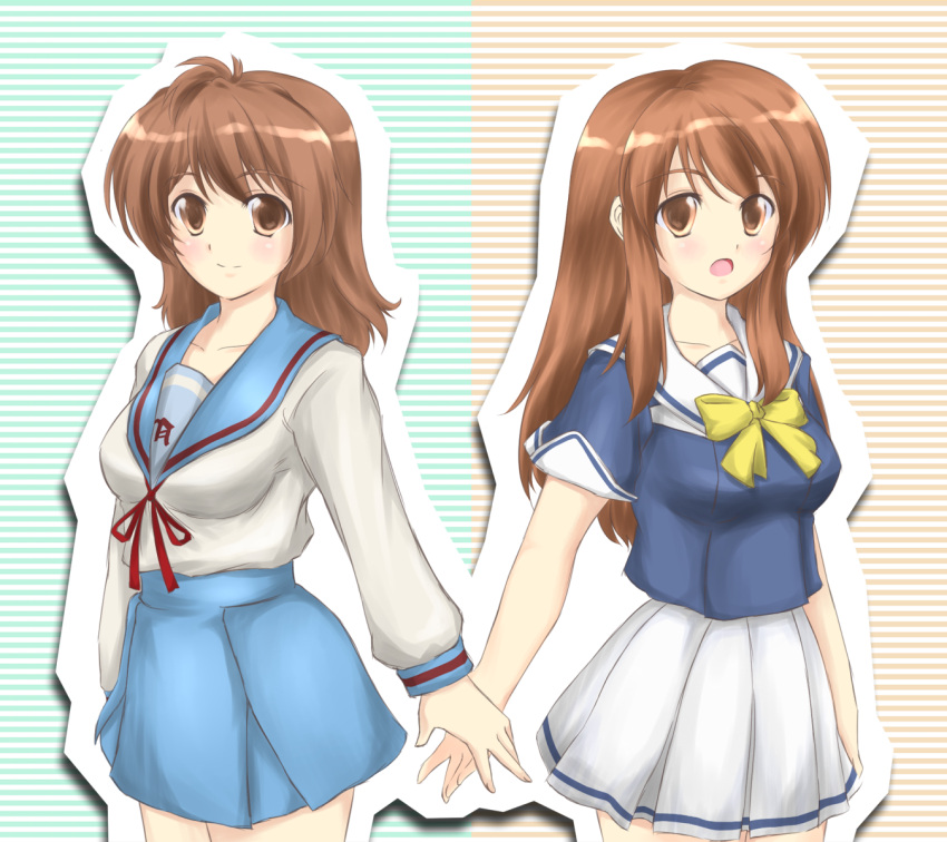 2girls asahina_mikuru back-to-back blue_sailor_collar blue_skirt brown_eyes brown_hair commentary_request cosplay costume_switch crossover gotou_yuuko hibana_junkei highres kita_high_school_uniform long_hair multiple_girls sailor_collar school_uniform serafuku skirt sorairo suzumiya_haruhi_no_yuuutsu tomosaka_tsubame voice_actor_connection winter_uniform