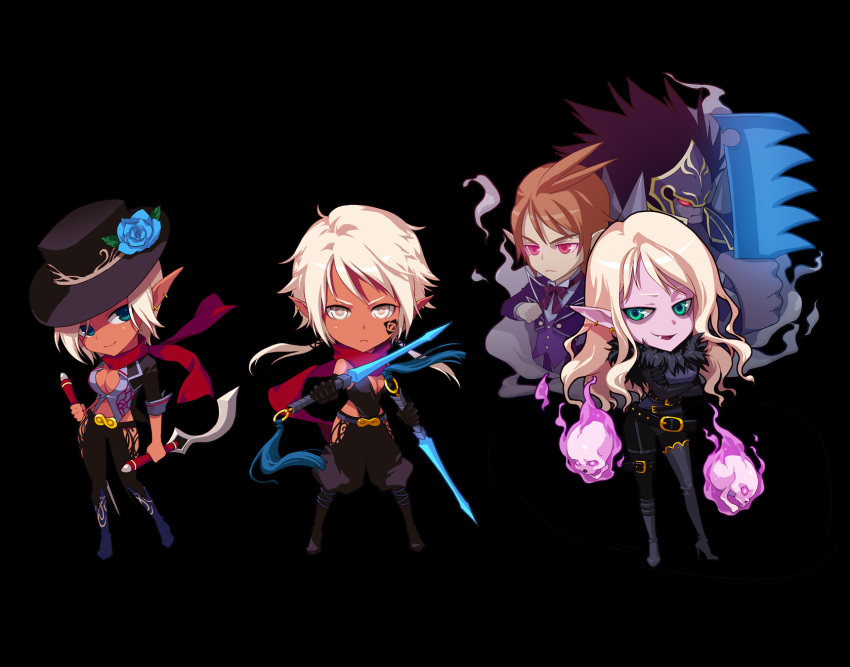 1boy 3girls armor belt blonde_hair boots bow bowtie breasts chibi cleavage dagger dark_skin dungeon_and_fighter earrings fangs feathers fedora flower formal ghost gloves green_eyes hakama hakama_skirt hat helmet high_heels highres japanese_clothes jewelry knife knight long_hair medium_breasts multiple_girls necromancer_(dungeon_and_fighter) pale_skin pauldrons red_eyes rogue_(dungeon_and_fighter) scarf shoes short_hair short_sword shoulder_armor skirt skull spirit suit sword tassel tattoo thief_(dungeon_and_fighter) weapon white_eyes