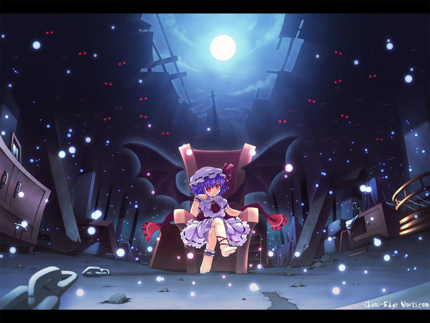 ankle_cuffs arm_support barefoot bat_wings chains commentary_request etogami_kazuya feet female full_moon hat highres leg_ribbon letterboxed moon moonlight purple_hair red_eyes remilia_scarlet ribbon ruins short_hair smile solo throne touhou wings