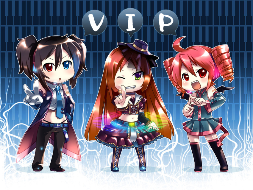 1boy 2girls ahoge bat_wings black_hair blue_eyes blue_necktie boots caffein chibi commentary_request demon_girl detached_sleeves drill_hair gothic_lolita green_eyes grin hat headphones headset heterochromia kasane_teto lolita_fashion long_hair midriff multiple_girls namine_ritsu navel necktie otoko_no_ko pink_hair red_eyes red_hair short_twintails skirt smile tail thighhighs twin_drills twintails utau veil vippaloid wings yokune_ruko