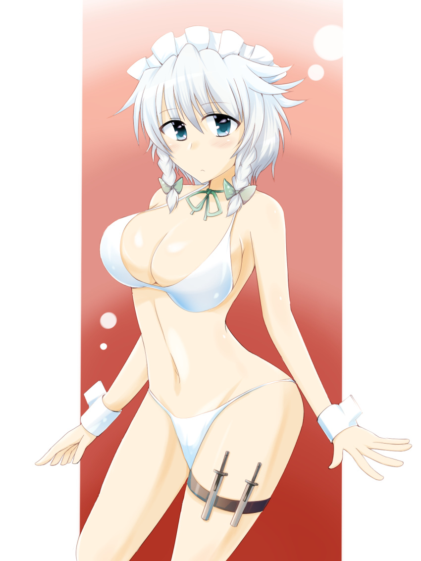 bad_id bad_pixiv_id blue_eyes breasts female hairband highres izayoi_sakuya large_breasts ribbon short_hair solo thigh_strap touhou wedge_(tyrl_stride)