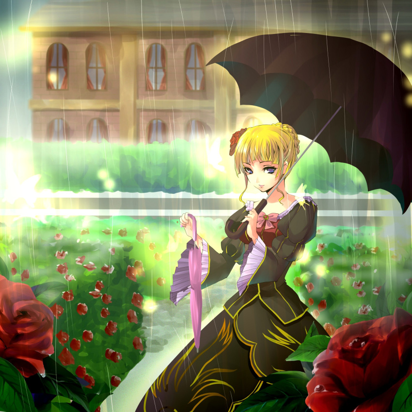 bad_id bad_pixiv_id beatrice_(umineko) blonde_hair blue_eyes dress female flower frills garden highres kobanzame rain rose short_hair solo umbrella umineko_no_naku_koro_ni