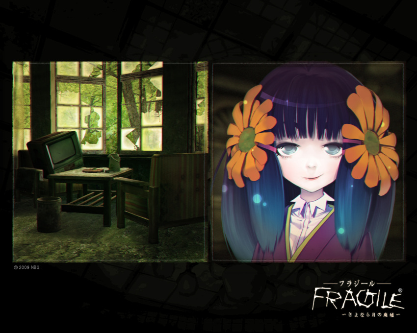 artist_request chiyo_(fragile) female flower fragile:_sayonara_tsuki_no_haikyo grey_eyes hair_flower hair_ornament japanese_clothes long_hair purple_hair solo television tri-crescendo_(company)