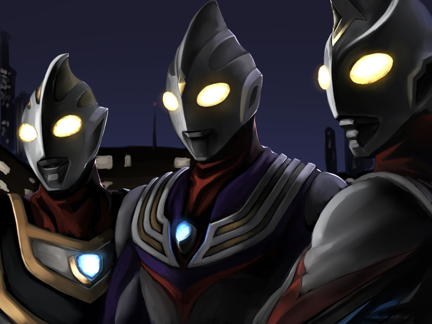 3boys aaru_(tenrake_chaya) color_timer commentary_request glowing glowing_eyes heisei highres multiple_boys night ultra_series ultraman_dyna ultraman_dyna_(series) ultraman_gaia ultraman_gaia_(series) ultraman_tiga ultraman_tiga_(series)