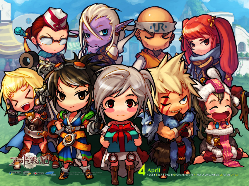 2boys 6+girls animal_ears armor bald beard belt blonde_hair blue_eyes boots brown_eyes brown_hair calendar_(medium) chibi cross dark_skin dungeon_and_fighter earrings facial_hair gauntlets gift glasses gloves goatee goggles grandis_gracia grey_hair hat headband highres japanese_clothes jewelry kimono kiri_the_lady klonter long_hair marlene_kitzka mintai multiple_boys multiple_girls ophelia_bagrans orca_(dungeon_and_fighter) pauldrons pelt pungjin rabbit_ears red_hair robe scar seria_kirmin shoes short_hair short_twintails shoulder_armor skirt twintails very_long_hair