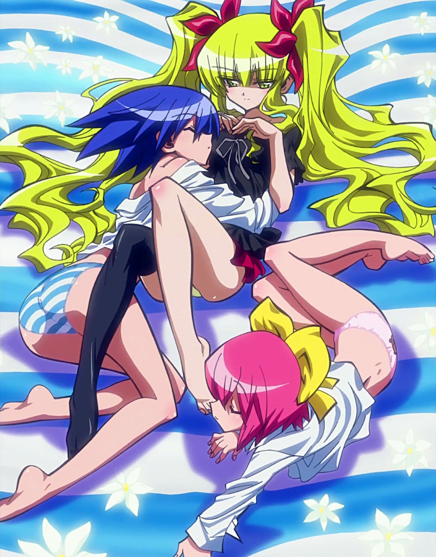 3girls anime_screenshot ass barefoot blonde_hair blue_hair closed_eyes feet highres imageboard_desourced kuchinashi_(needless) legs long_legs mio_(needless) multiple_girls needless non-web_source panties photoshop_(medium) pink_hair ribbon setsuna_(needless) single_thighhigh stitched striped_clothes striped_panties thighhighs third-party_edit underwear yuri