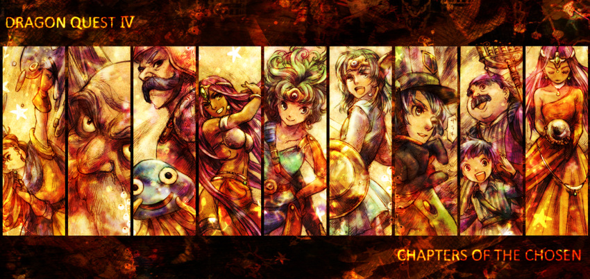 4girls 6+boys alena_(dq4) armor bikini brey circlet clift column_lineup commentary_request crystal_ball dragon_quest dragon_quest_iv dress earrings facial_hair gloves green_hair hat healslime helmet hero_(dq4) heroine_(dq4) hoimin jewelry loincloth long_hair manya_(dq4) minea_(dq4) moustache multiple_boys multiple_girls photoshop_(medium) poporo punching purple_hair red_hair rio-sout ryan_(dq4) shield short_hair slime_(dragon_quest) staff swimsuit sword torneko weapon