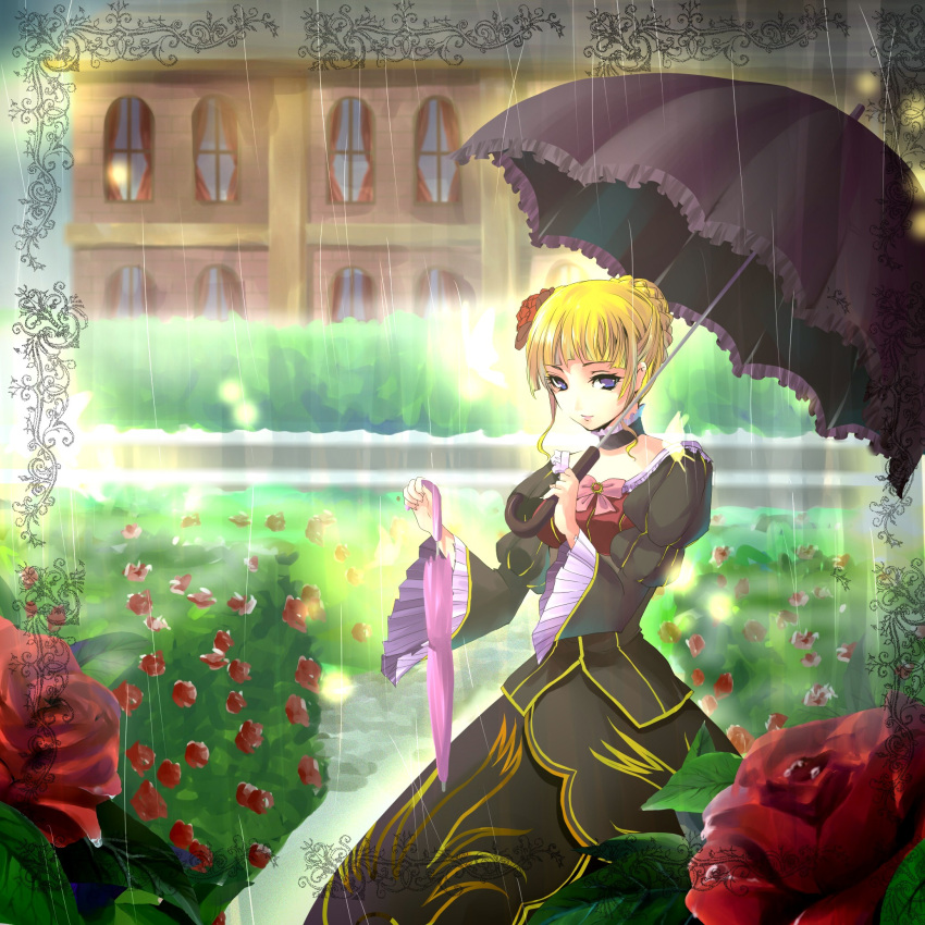 bad_id bad_pixiv_id beatrice_(umineko) choker dress female flower highres kobanzame rain rose solo umbrella umineko_no_naku_koro_ni