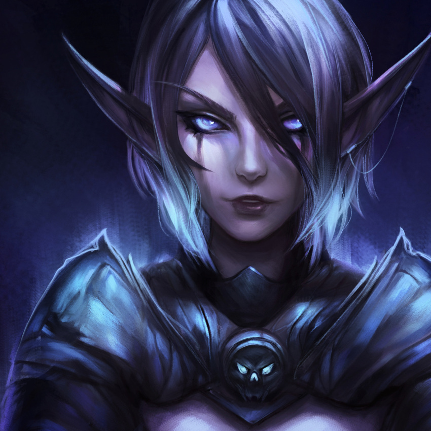 alisa_nilsen armor blue_background blue_sclera colored_sclera death_knight_(warcraft) earclip earrings elf female grey_hair hair_between_eyes highres jewelry linked_piercing long_eyebrows looking_at_viewer medium_hair night_elf_(warcraft) pauldrons piercing player_character_(wow) pointy_ears purple_eyes shoulder_armor simple_background smile solo upper_body warcraft world_of_warcraft